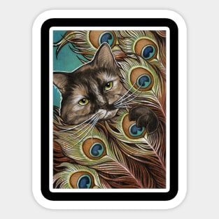 Tortie Cat and Peacock Feathers - White Outlined Version Sticker